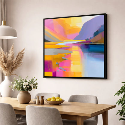 Pink and Gold River Valley lake district waterfall wall art displayed in a dining room