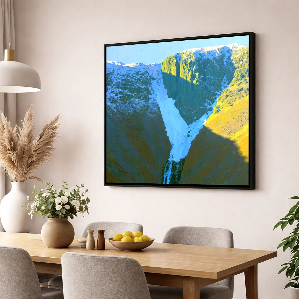 Snowy Crags of Nethermost Pike lake district fell wall art displayed in a dining room