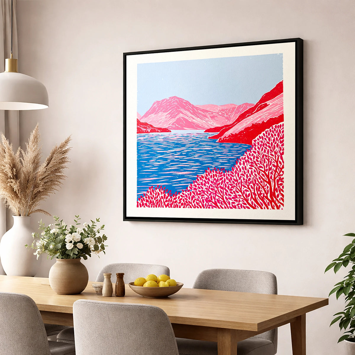 Vibrant Red Crummock Water lake district lake wall art displayed in a dining room