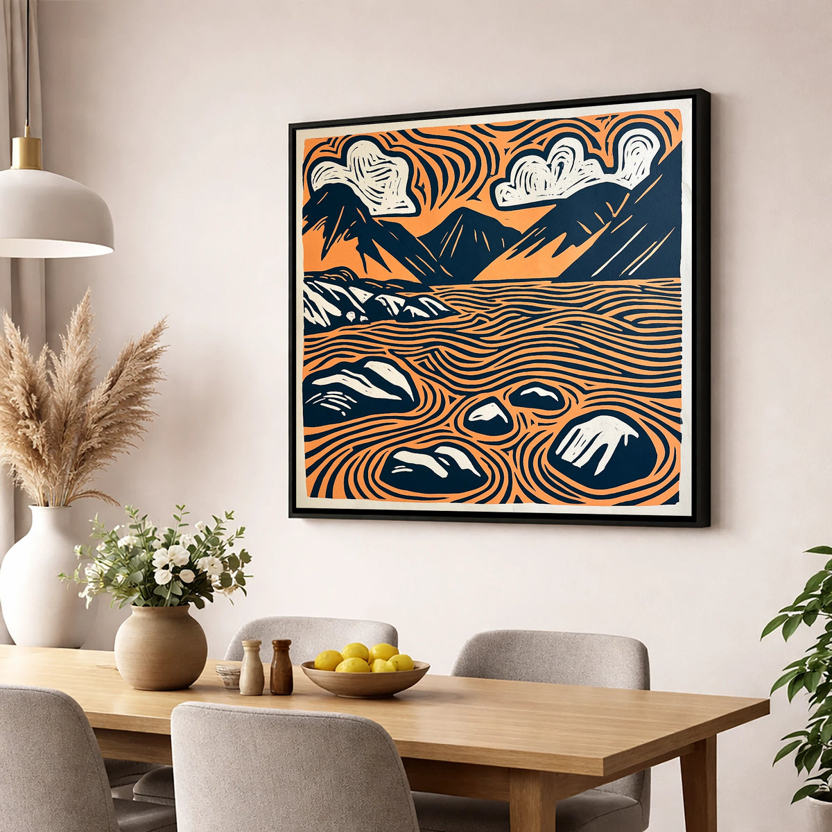 Graphic Terracotta Wastwater Landscape lake district lake wall art displayed in a dining room