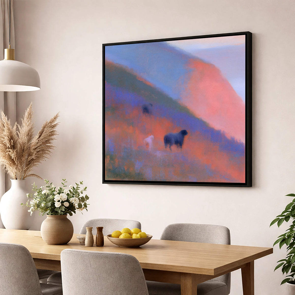 Herdwicks on a Twilight Fellside lake district wildlife wall art displayed in a dining room
