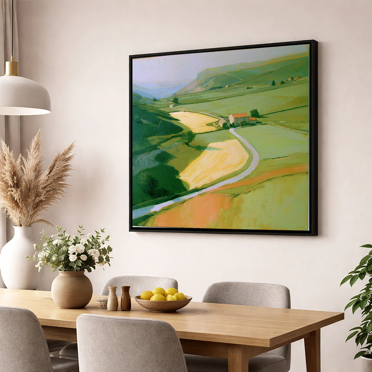 Valley Farm in Golden Light lake district valley wall art displayed in a dining room