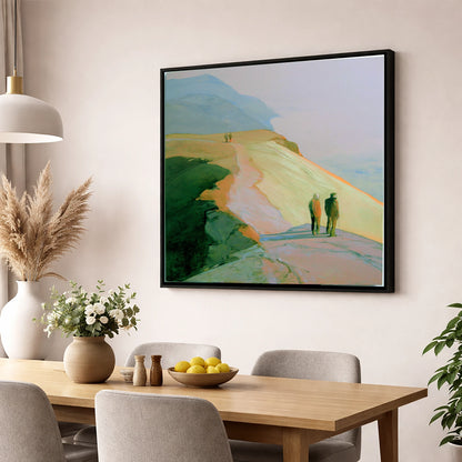 Hikers on a Golden Fell lake district fell wall art displayed in a dining room