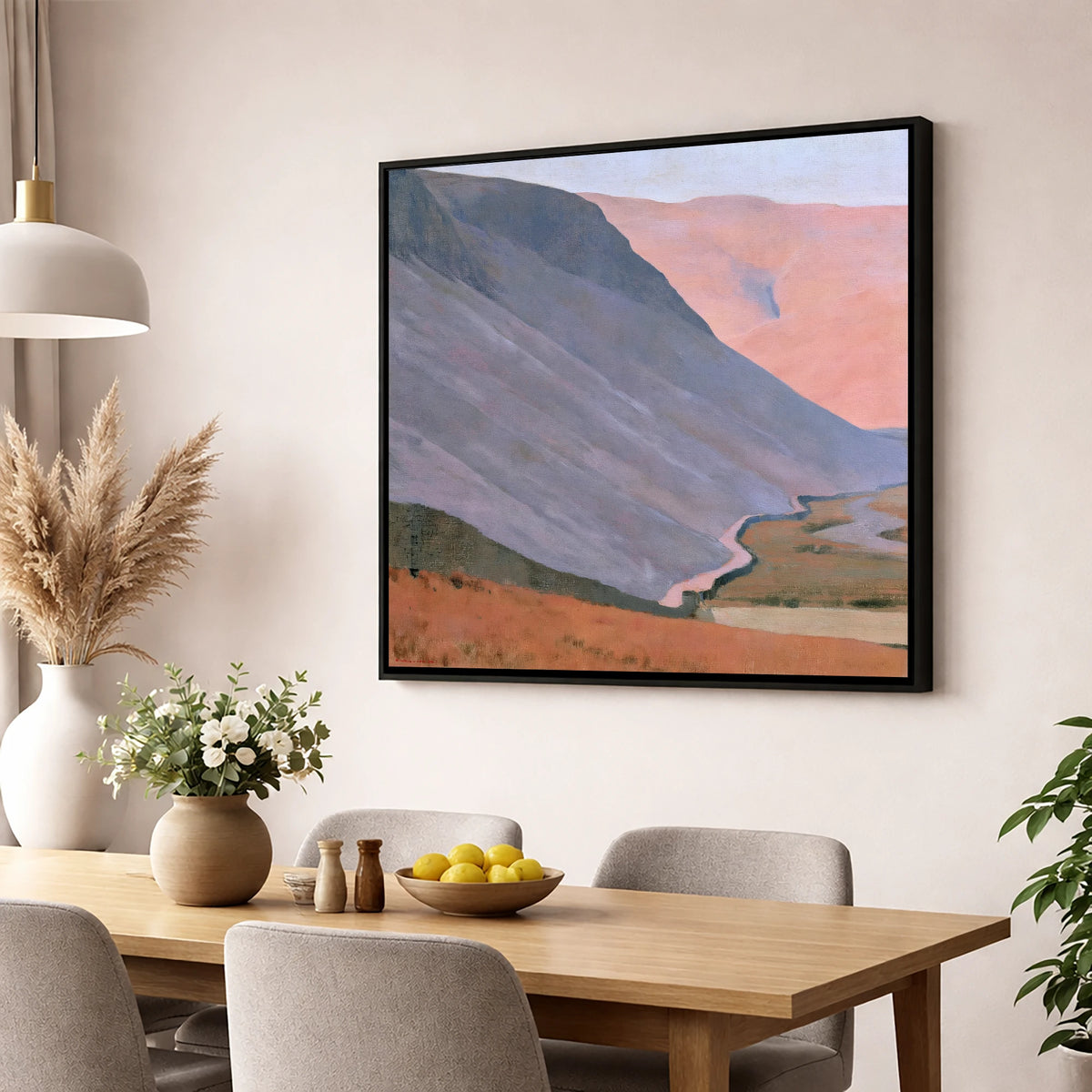 Pastel Fells and Drystone Wall lake district valley wall art displayed in a dining room