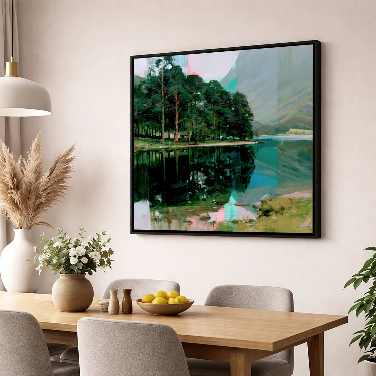 Buttermere Pines in Modern Light lake district lake wall art displayed in a dining room