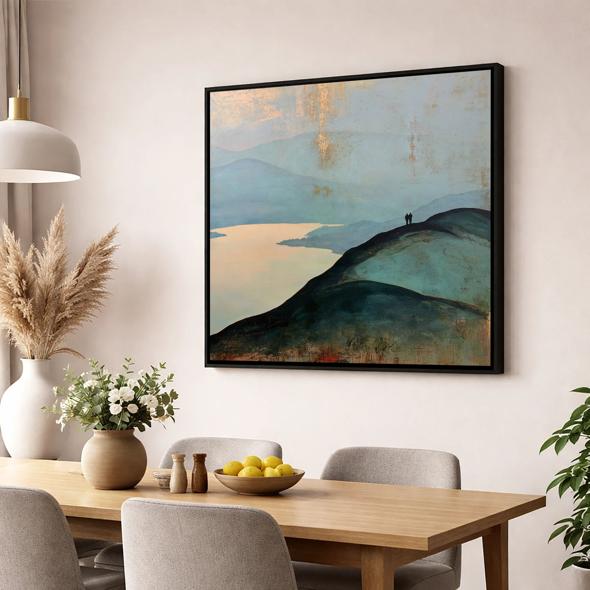 Silhouetted Walkers on Catbells Ridge lake district fell wall art displayed in a dining room