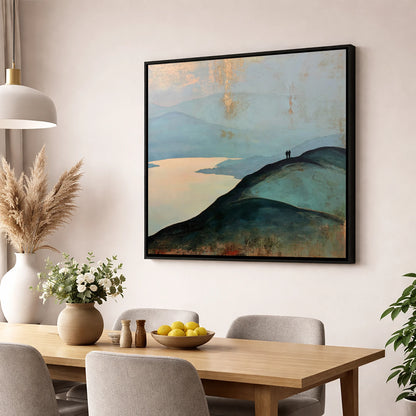 Silhouetted Walkers on Catbells Ridge lake district fell wall art displayed in a dining room