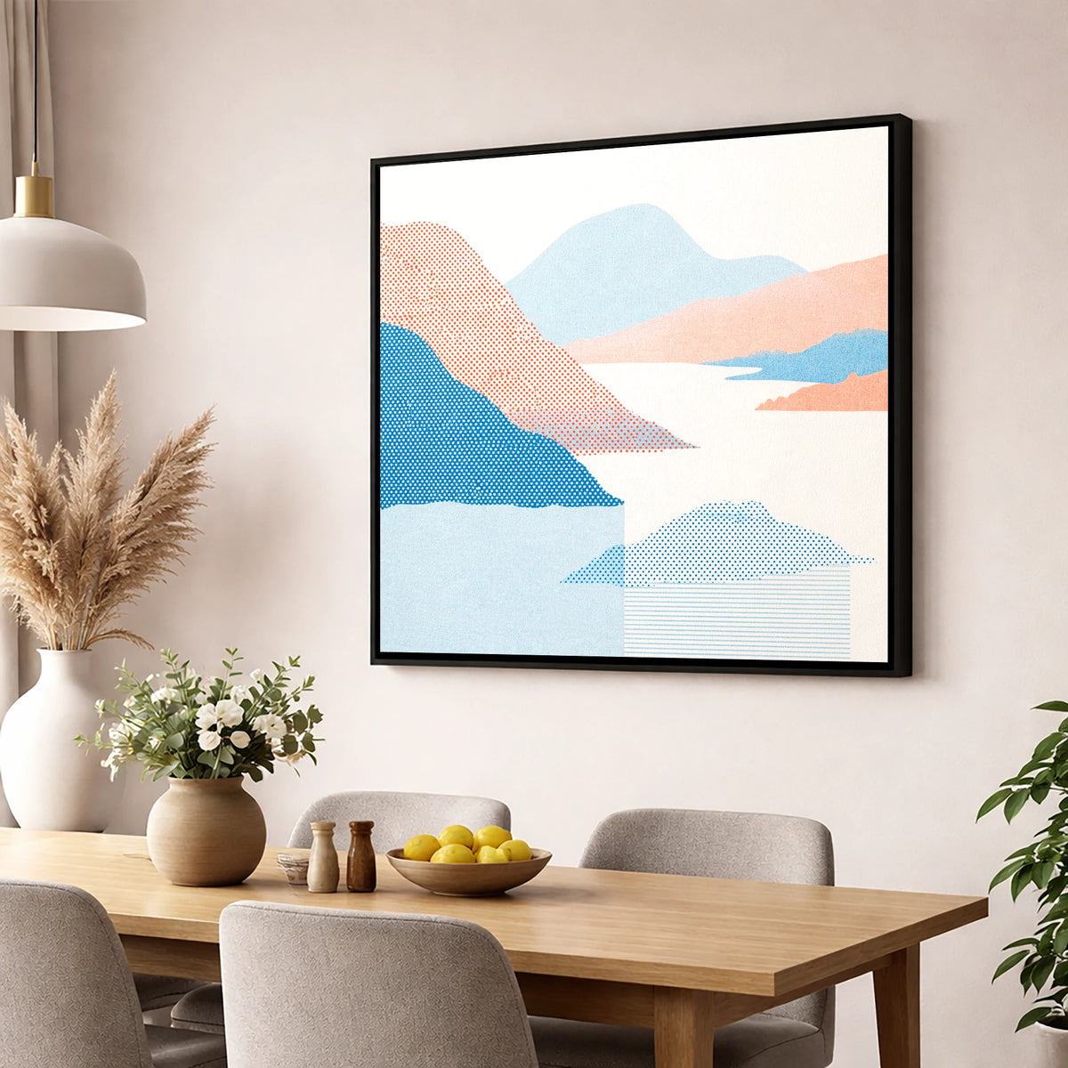 Ullswater Fells in Coral and Blue lake district lake wall art displayed in a dining room