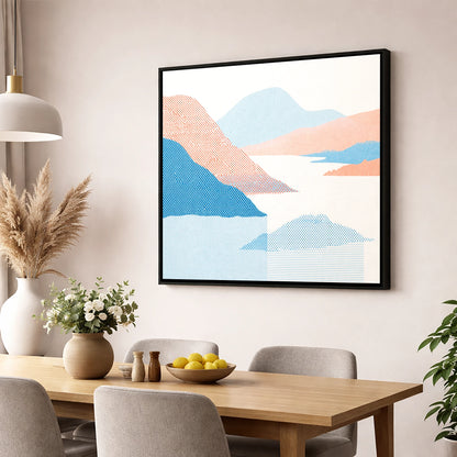 Ullswater Fells in Coral and Blue lake district lake wall art displayed in a dining room