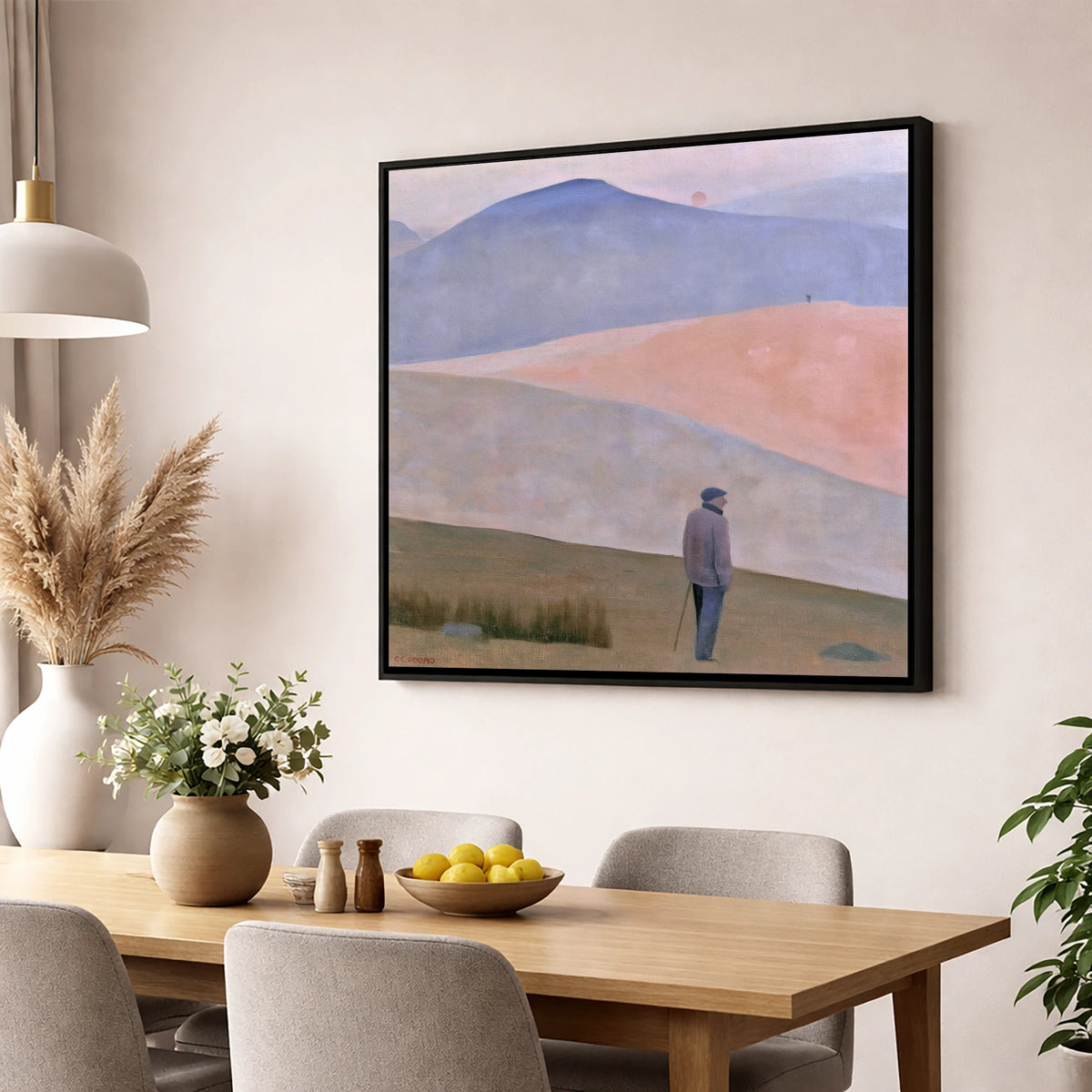Lone Fell Walker at Dusk lake district walking wall art displayed in a dining room
