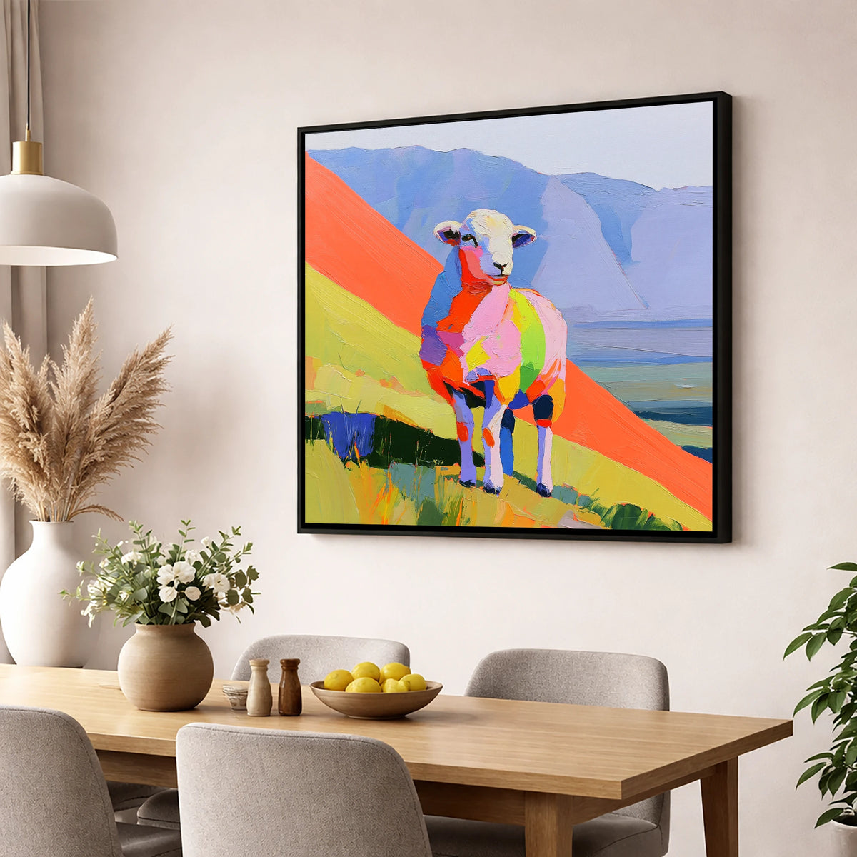 Vivid Herdwick on the Fells lake district wildlife wall art displayed in a dining room