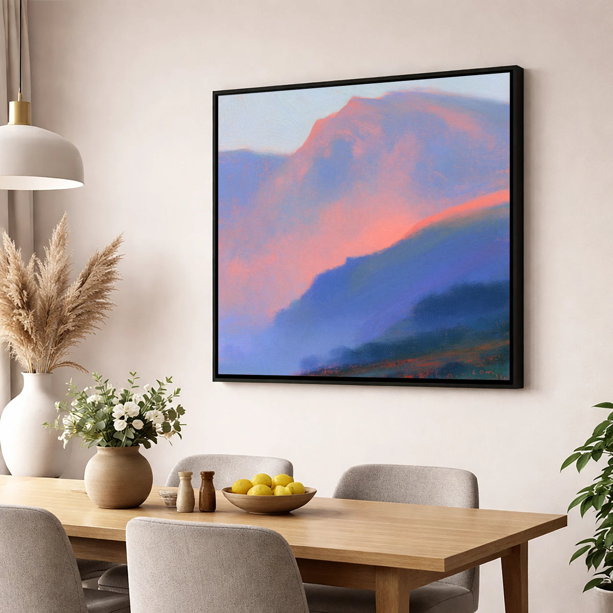 Pink Evening Light Over Fells lake district sky wall art displayed in a dining room
