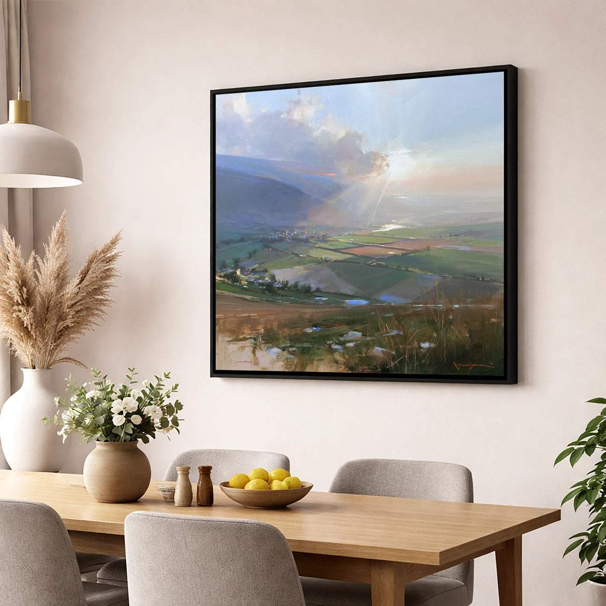 Sunburst Over a Lakeland Dale lake district valley wall art displayed in a dining room