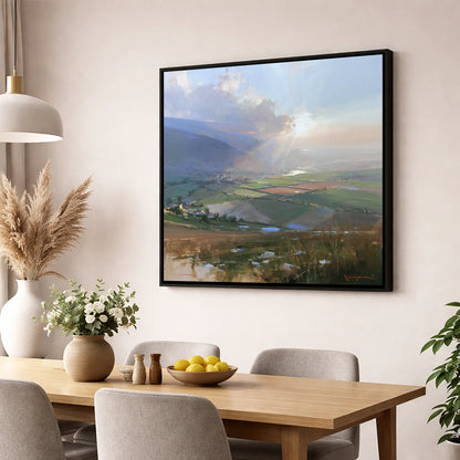 Sunburst Over a Lakeland Dale lake district valley wall art displayed in a dining room