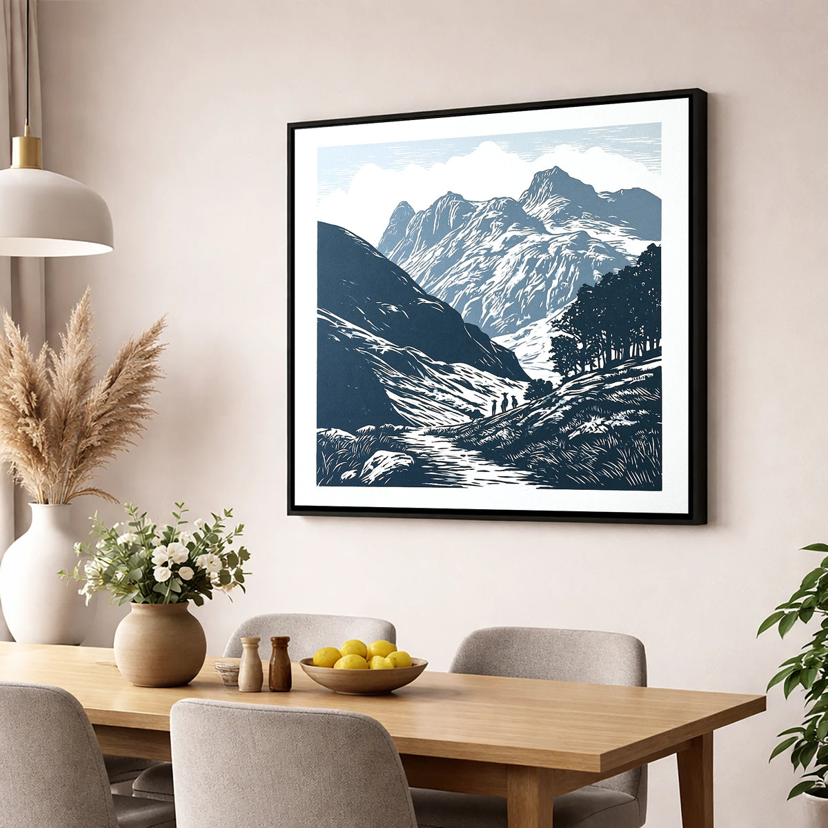 Langdale Pikes in Slate Blue lake district fell wall art displayed in a dining room