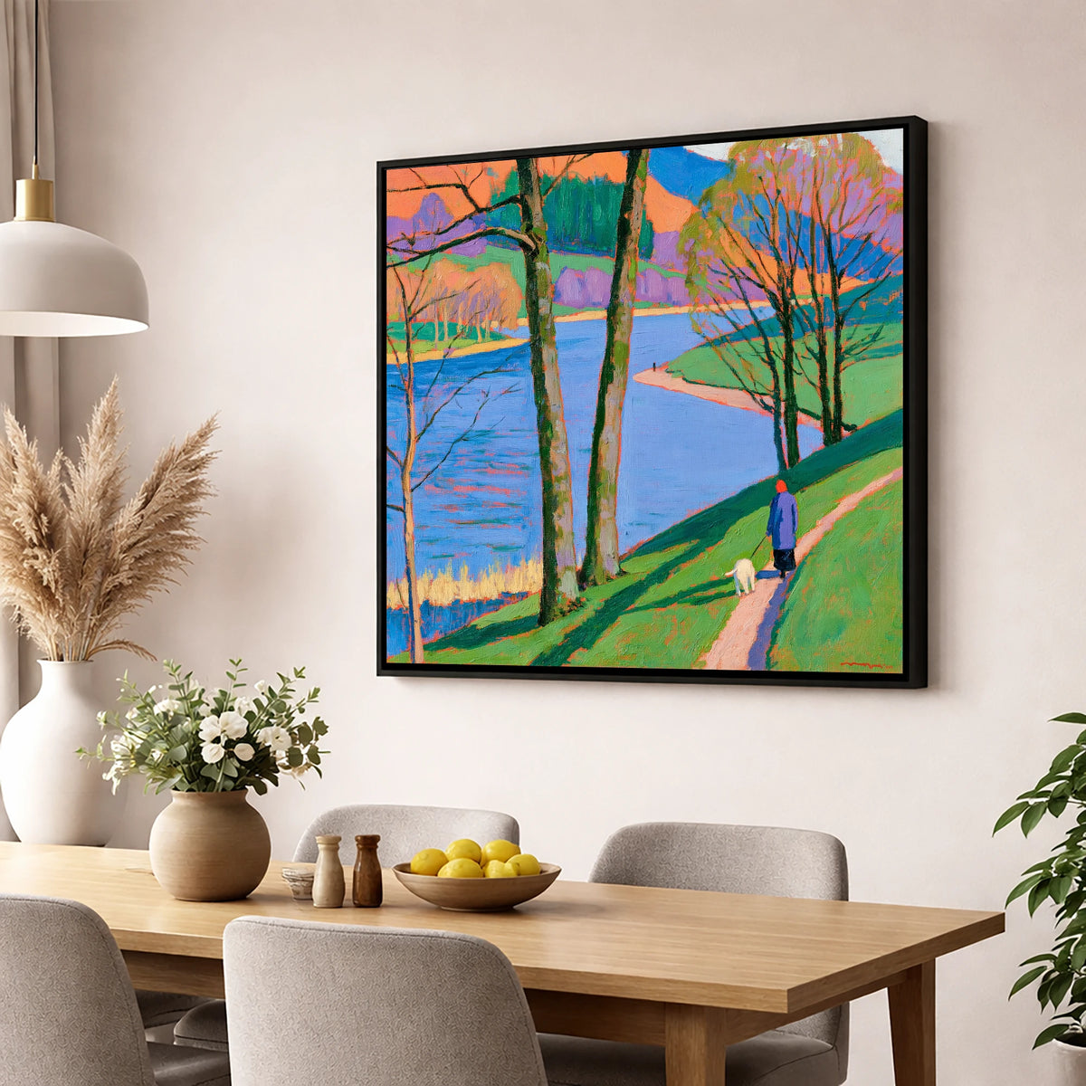 Vivid Lakeside Walk at Grasmere gifts for dog walkers wall art displayed in a dining room