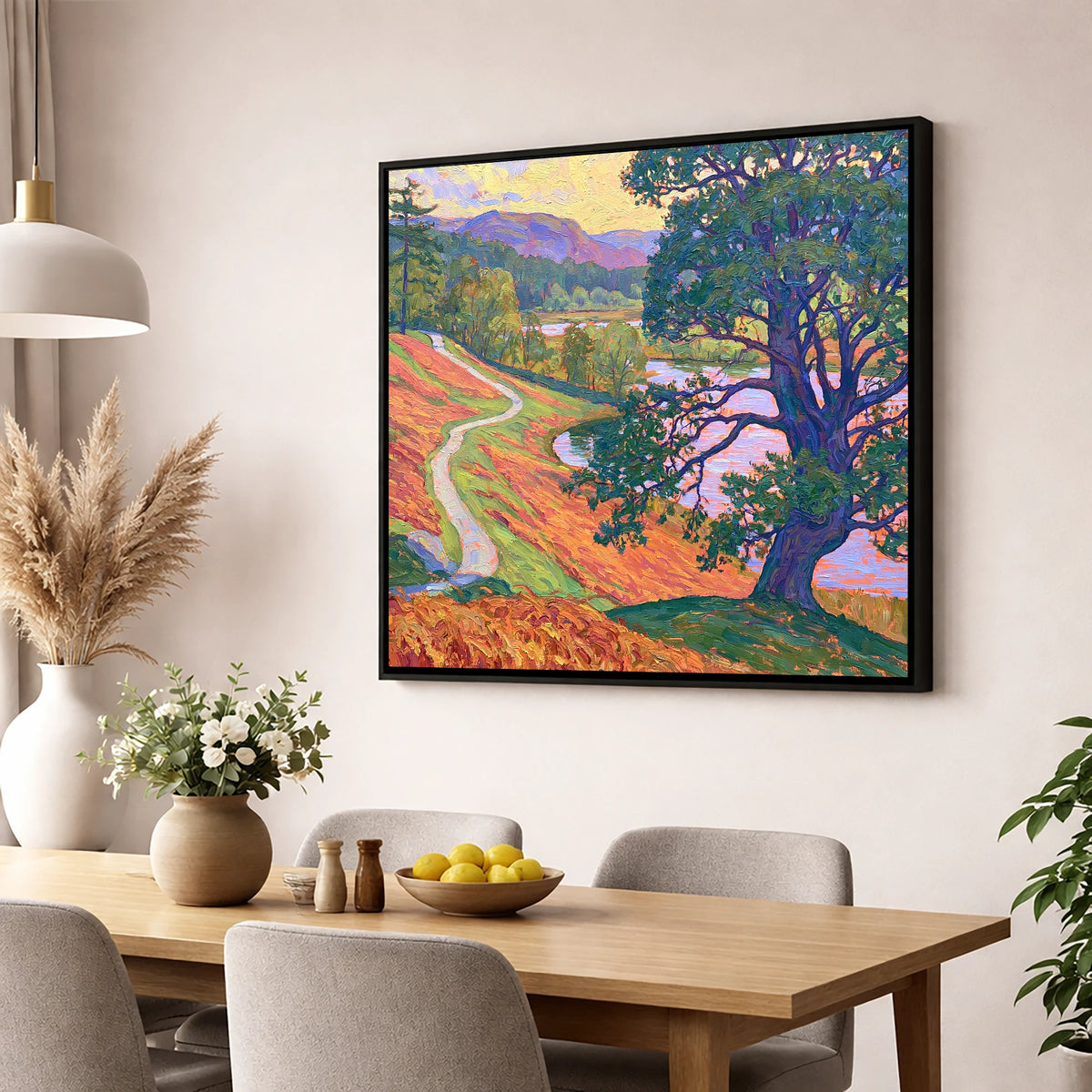 Vibrant Path at Tarn Hows lake district lake wall art displayed in a dining room
