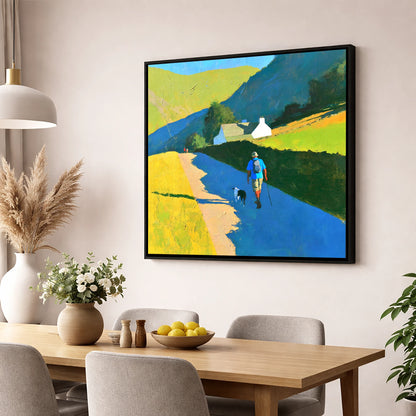 Sunlit Walker and Dog Near Patterdale gifts for dog walkers wall art displayed in a dining room