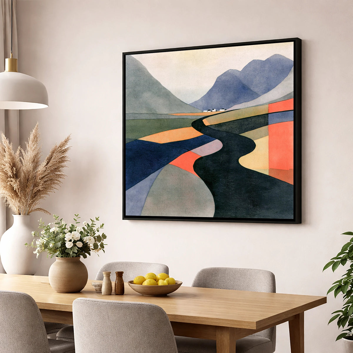 Winding River in Bold Colours lake district waterfall wall art displayed in a dining room