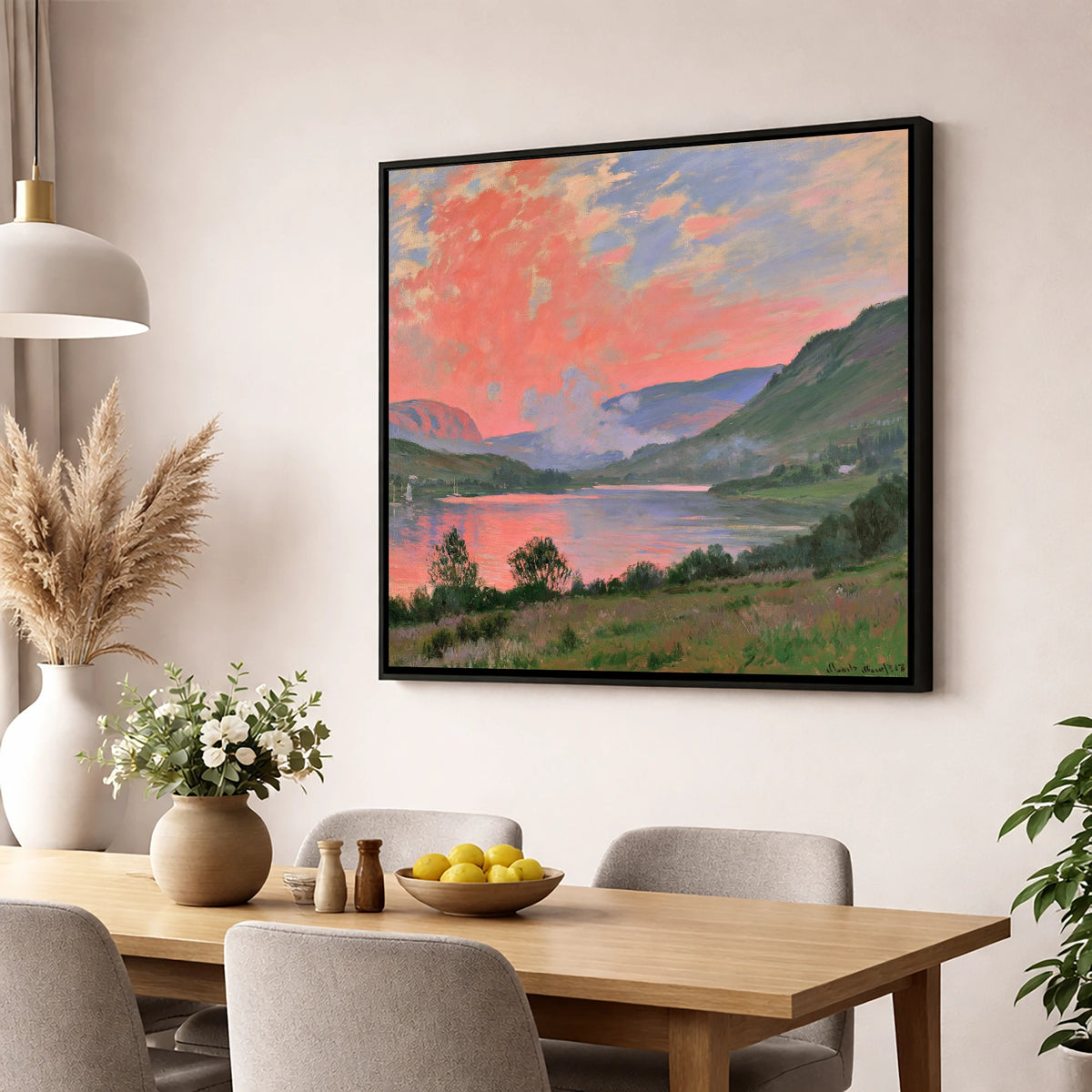 Coral Sunset Over The Lake lake district lake wall art displayed in a dining room