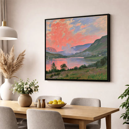 Coral Sunset Over The Lake lake district lake wall art displayed in a dining room