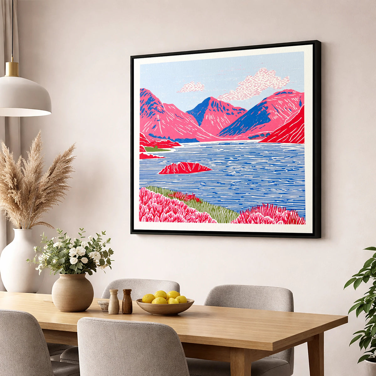 Vibrant Wasdale Fells and Lake lake district valley wall art displayed in a dining room