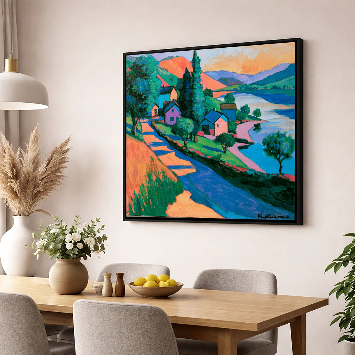 Vibrant Lakeside Village at Sunset lake district village wall art displayed in a dining room