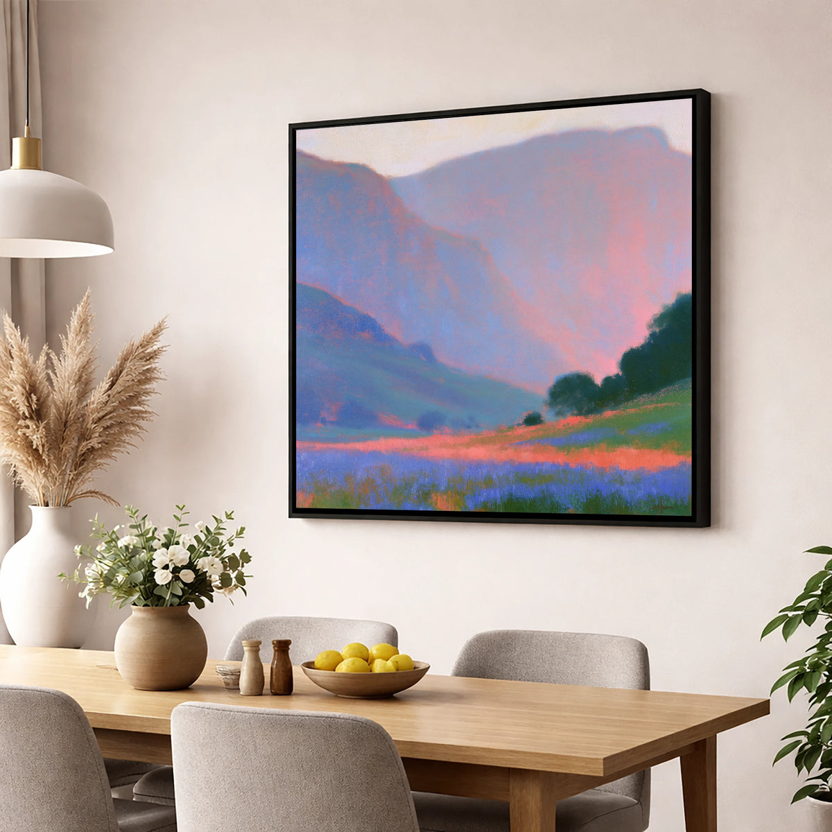 Pink Light Over Valley Fells lake district valley wall art displayed in a dining room