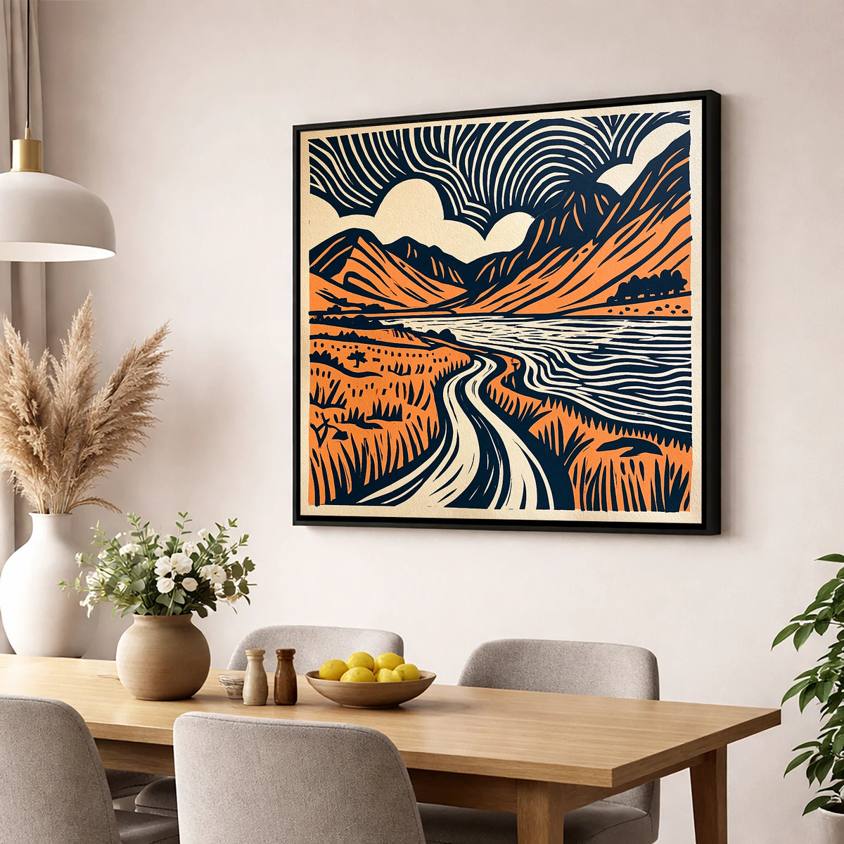Ennerdale in Navy and Terracotta lake district valley wall art displayed in a dining room