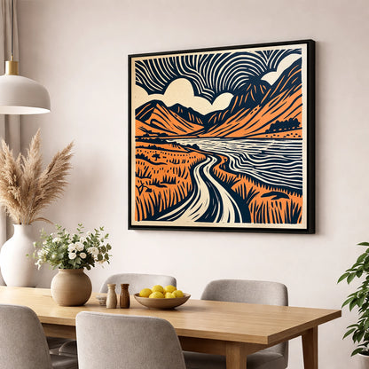 Ennerdale in Navy and Terracotta lake district valley wall art displayed in a dining room