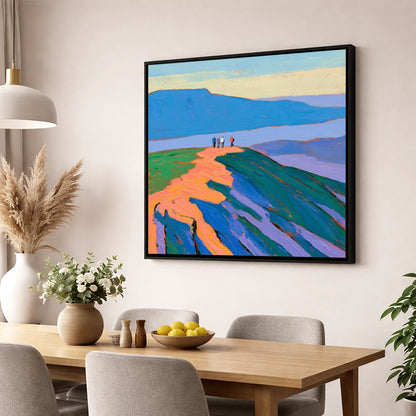 Vibrant Fell Top Hikers lake district fell wall art displayed in a dining room