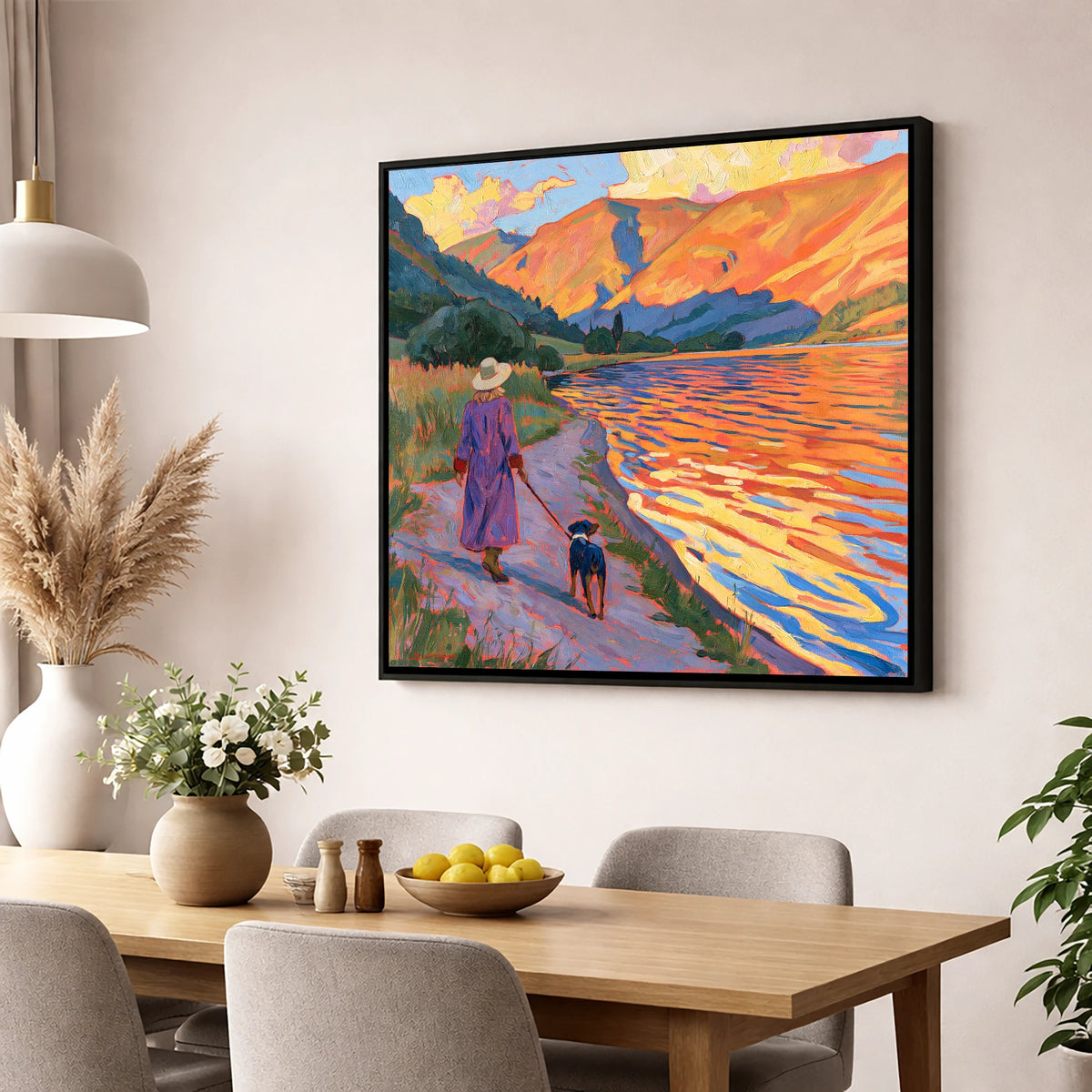 Colourful Dog Walk at Ullswater gifts for dog walkers wall art displayed in a dining room