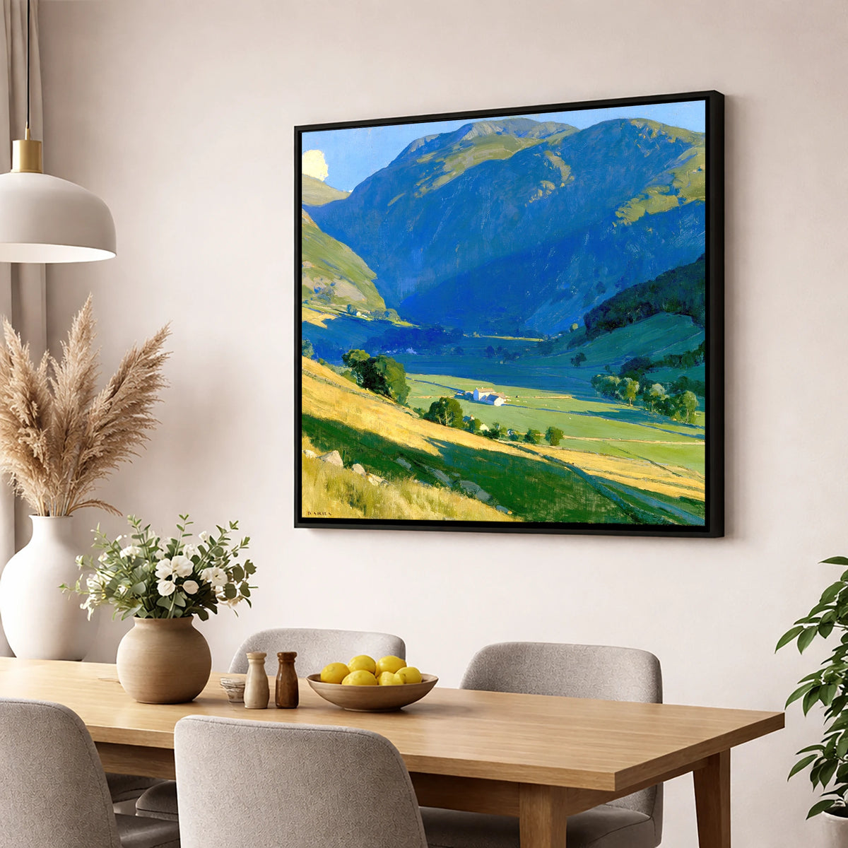 Sunlit Green Valley Between Fells lake district valley wall art displayed in a dining room