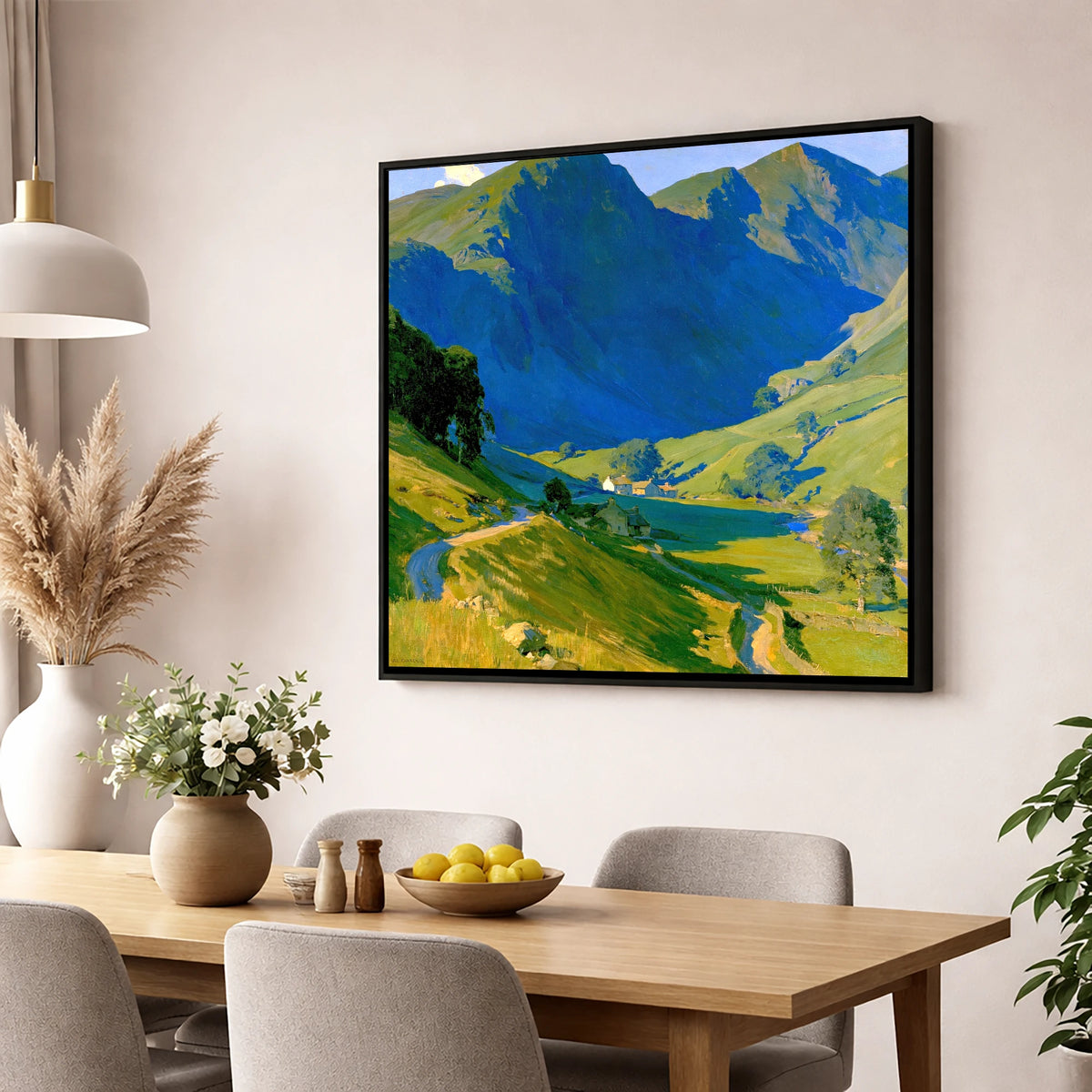 Valley Farm Beneath Blue Fells lake district valley wall art displayed in a dining room