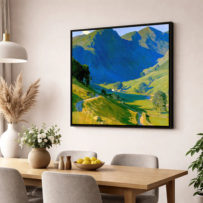 Valley Farm Beneath Blue Fells lake district valley wall art displayed in a dining room