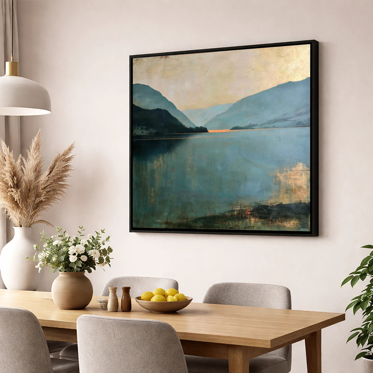 Ullswater Fells in Teal and Gold lake district lake wall art displayed in a dining room