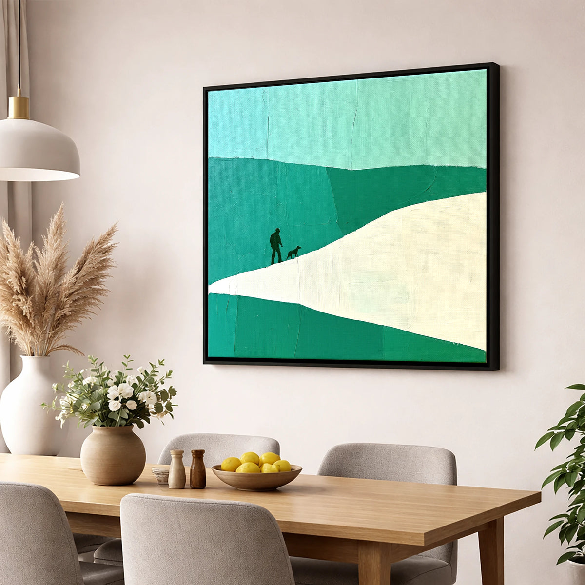 Teal and White Fell Walker gifts for dog walkers wall art displayed in a dining room