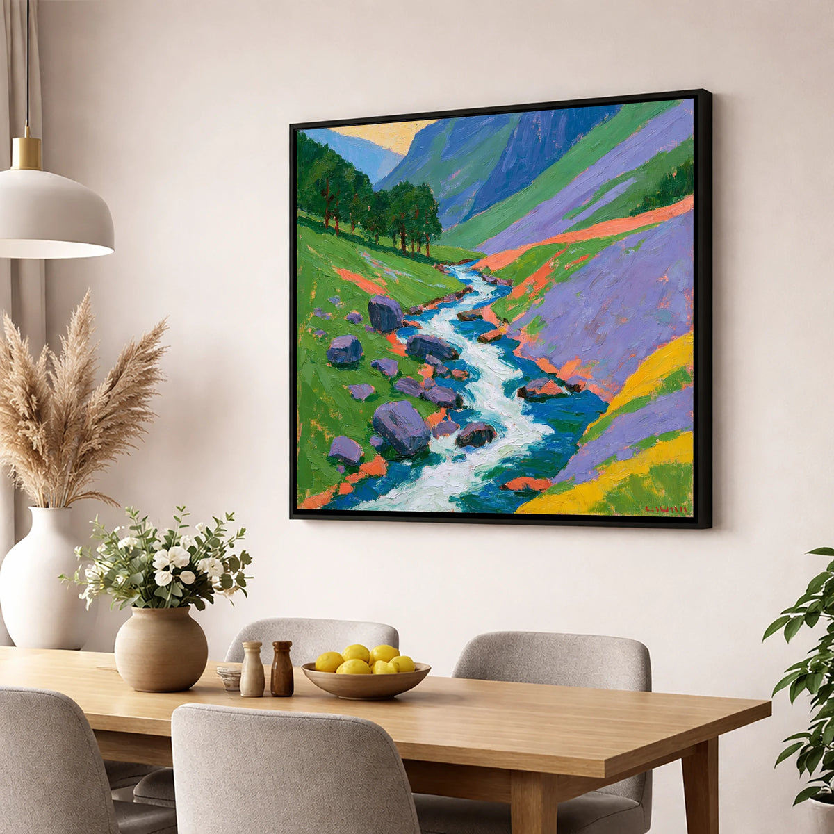 Vivid Rushing Fellside Beck lake district waterfall wall art displayed in a dining room