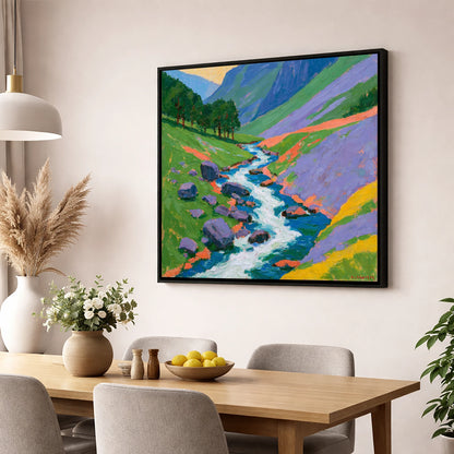 Vivid Rushing Fellside Beck lake district waterfall wall art displayed in a dining room