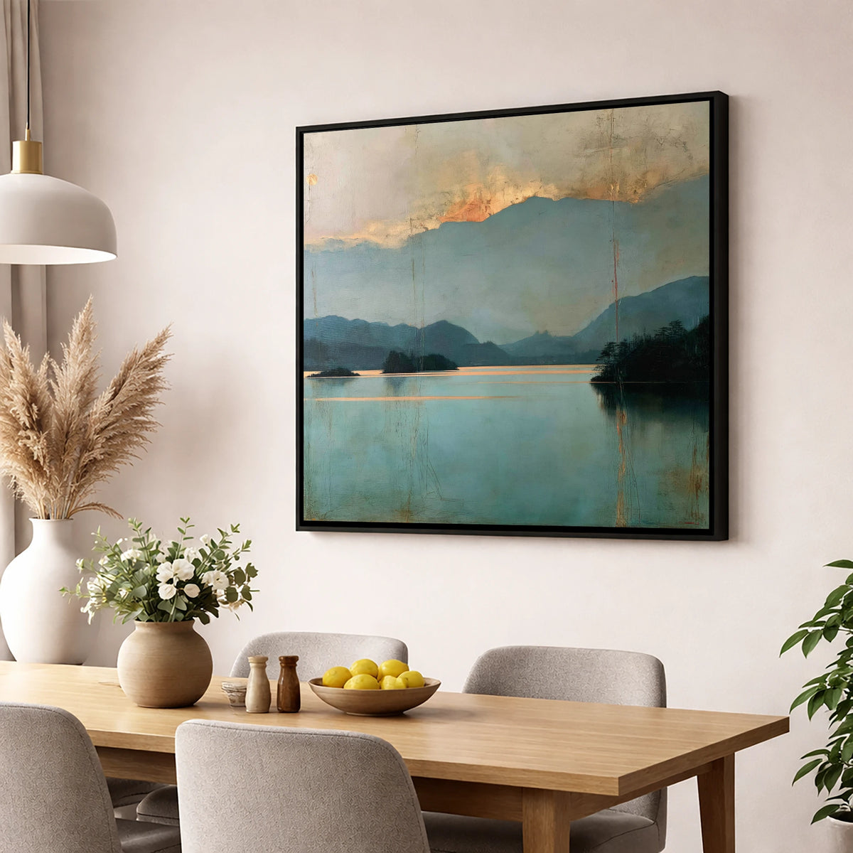 Golden Cloud Break at Derwentwater lake district lake wall art displayed in a dining room