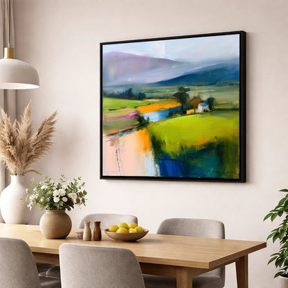 Vibrant Patchwork Valley Fields lake district valley wall art displayed in a dining room