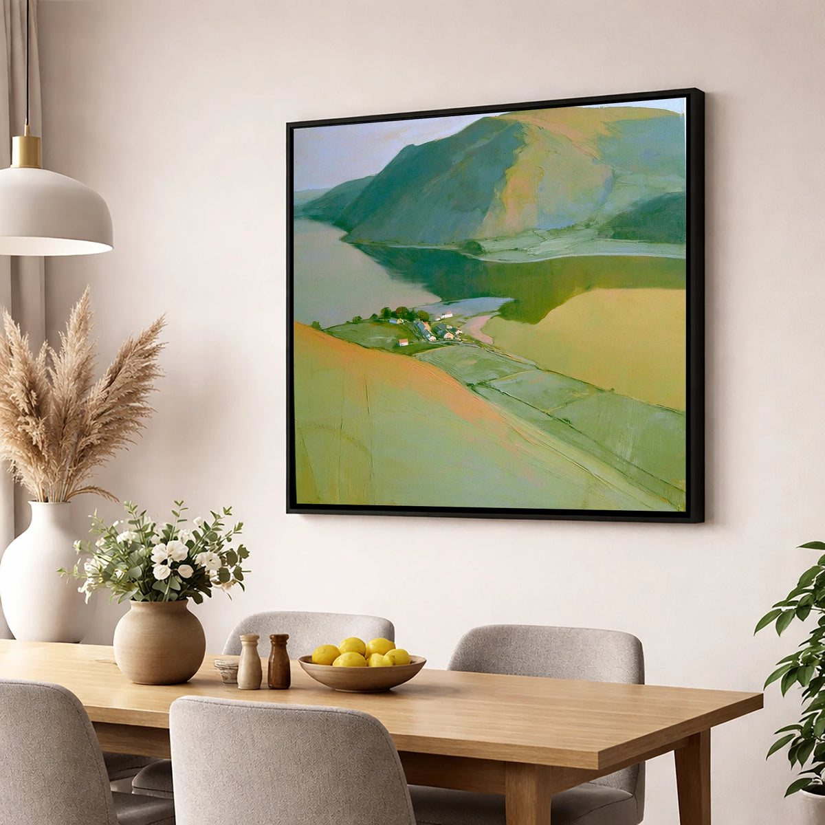 Glenridding from Above Ullswater lake district village wall art displayed in a dining room