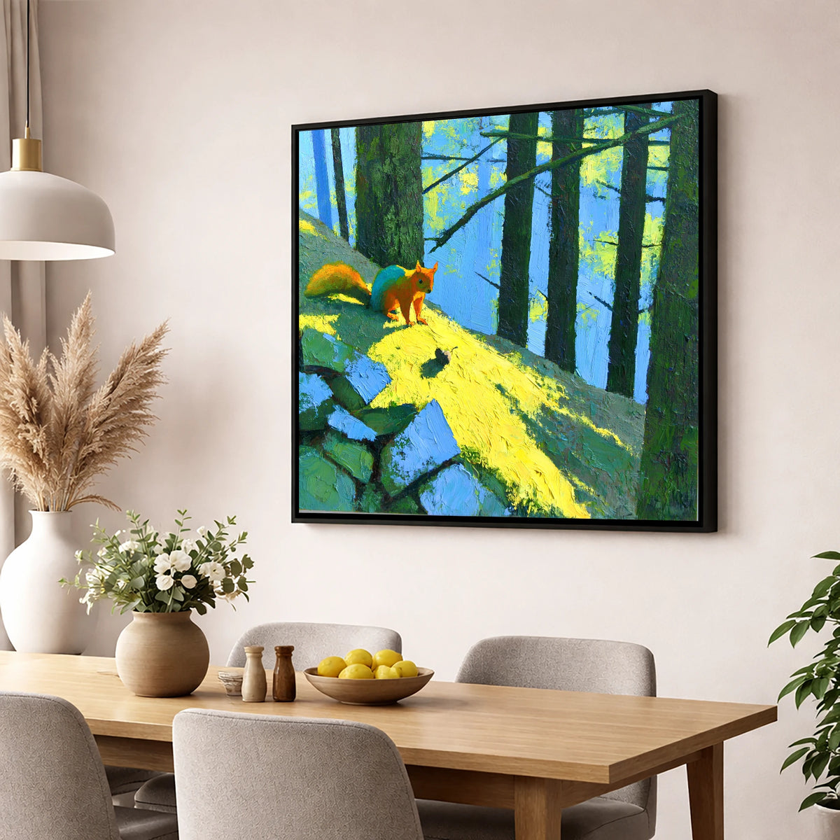 Red Squirrel in Sunlit Woodland lake district wildlife wall art displayed in a dining room