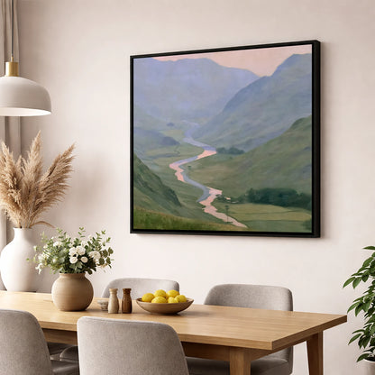 Winding River Valley at Dusk lake district waterfall wall art displayed in a dining room
