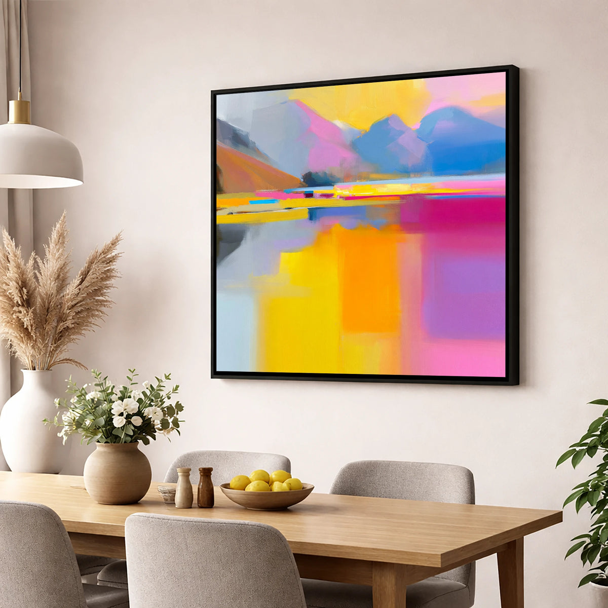 Vibrant Loweswater Reflections lake district lake wall art displayed in a dining room