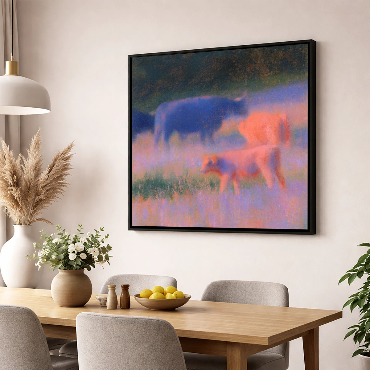 Highland Cattle in Twilight Haze lake district wildlife wall art displayed in a dining room