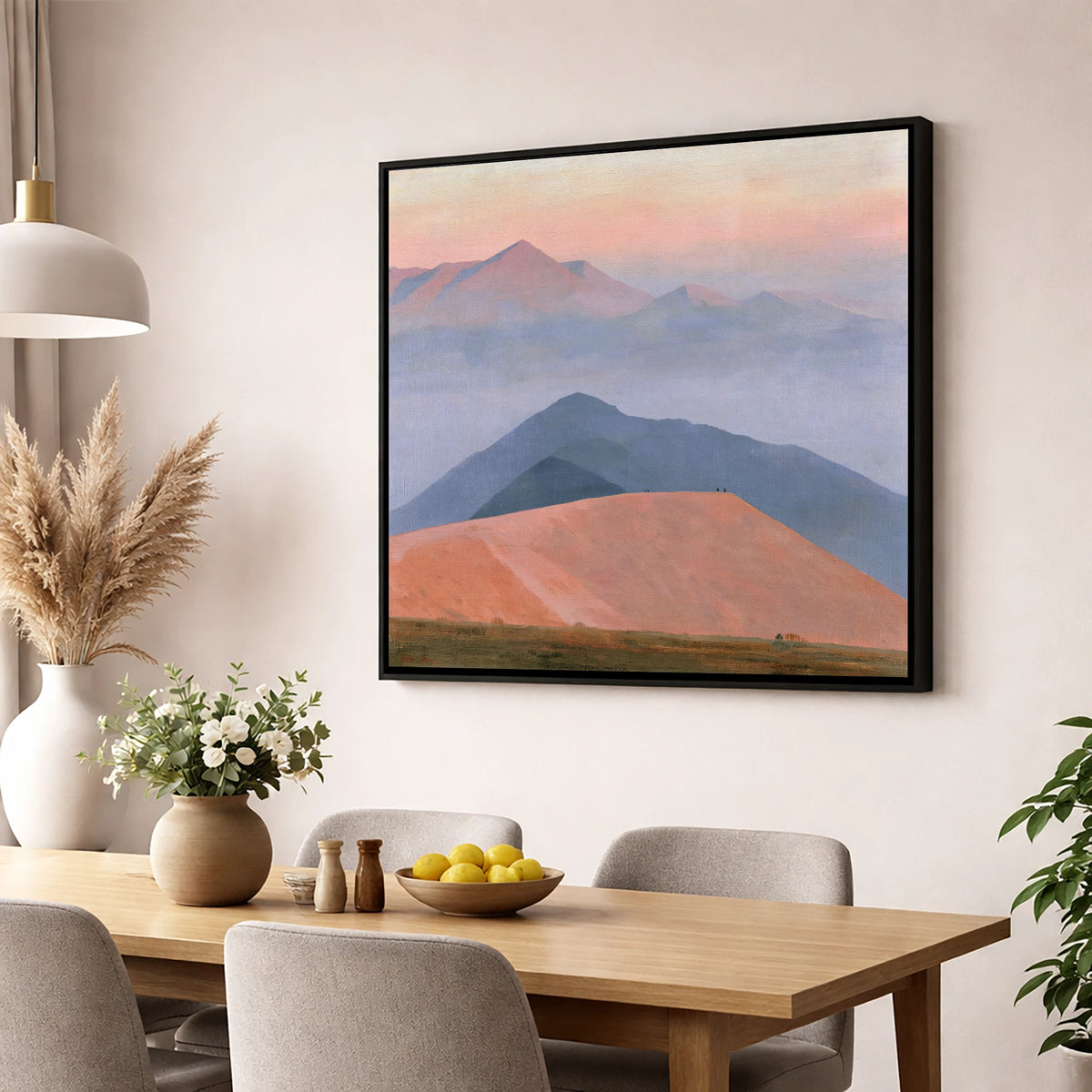 Fell Summit in Lavender Haze lake district fell wall art displayed in a dining room