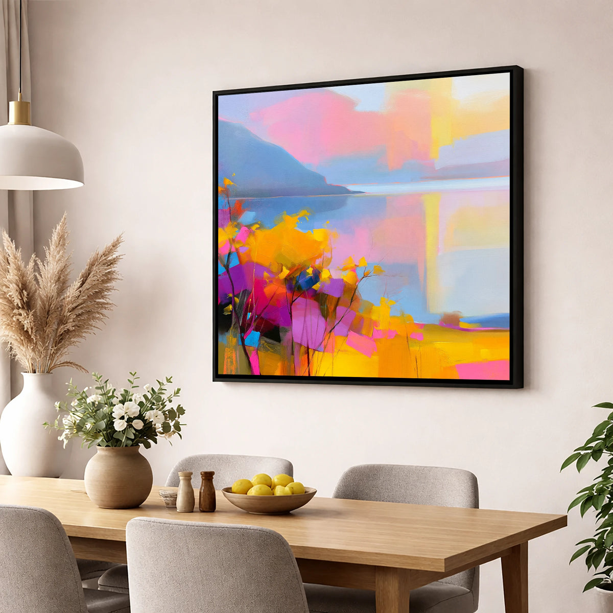 Vibrant Gorse Above the Lake lake district wildflower wall art displayed in a dining room