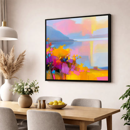 Vibrant Gorse Above the Lake lake district wildflower wall art displayed in a dining room