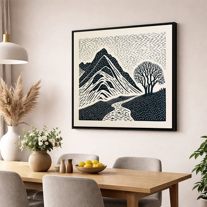 Graphic Bowfell and Lone Tree lake district fell wall art displayed in a dining room